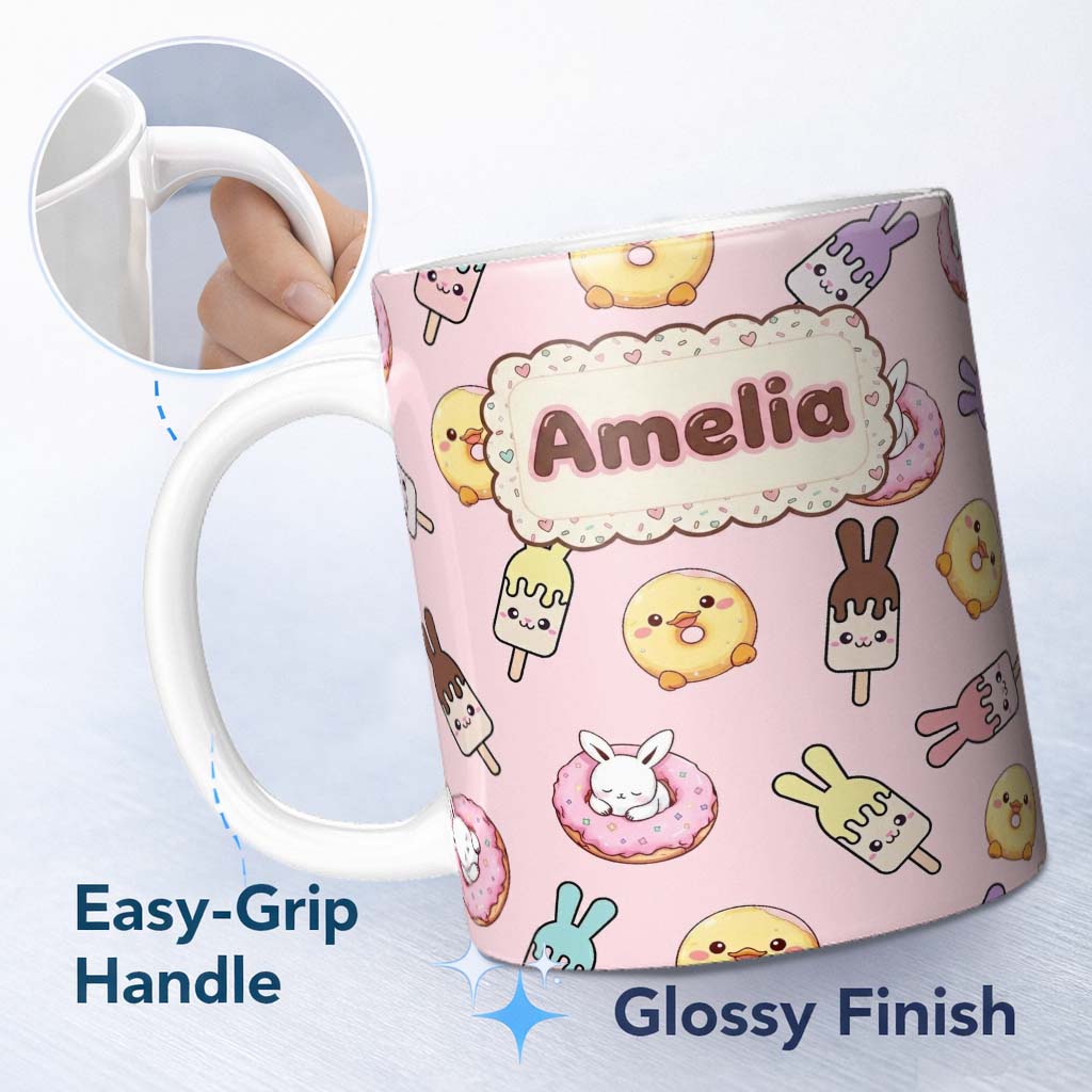 Personalized Custom Name Cute Easter Bunny Ice Cream Donut Chick Kawaii Soft Pink Background 11oz Ceramic Coffee Tea Mug White Large Handle