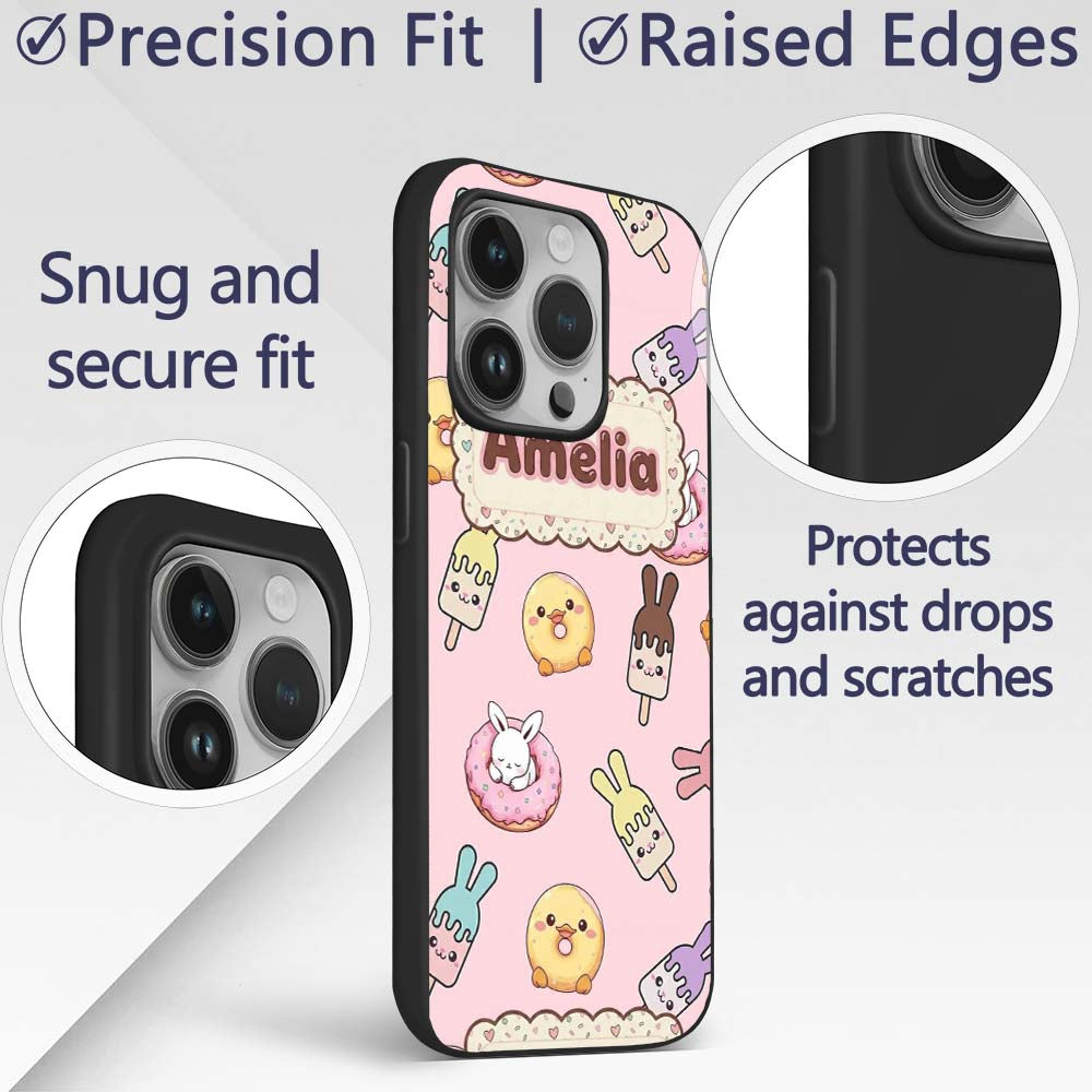 Cute Easter Bunny Ice Cream Donut Chick Kawaii Custom Name Protective Phone Case Mobile Cover Durable Everyday Smartphone Shock Resistant