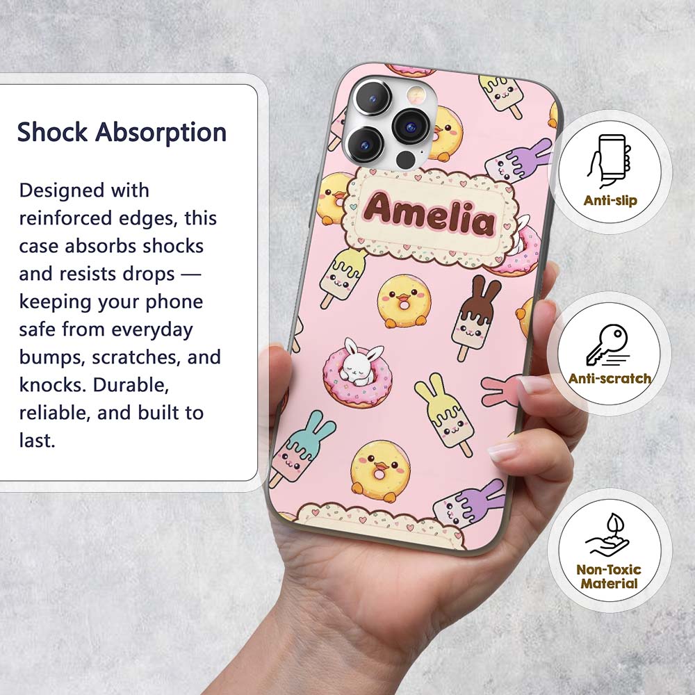 Cute Easter Bunny Ice Cream Donut Chick Kawaii Custom Name Protective Phone Case Mobile Cover Durable Everyday Smartphone Shock Resistant