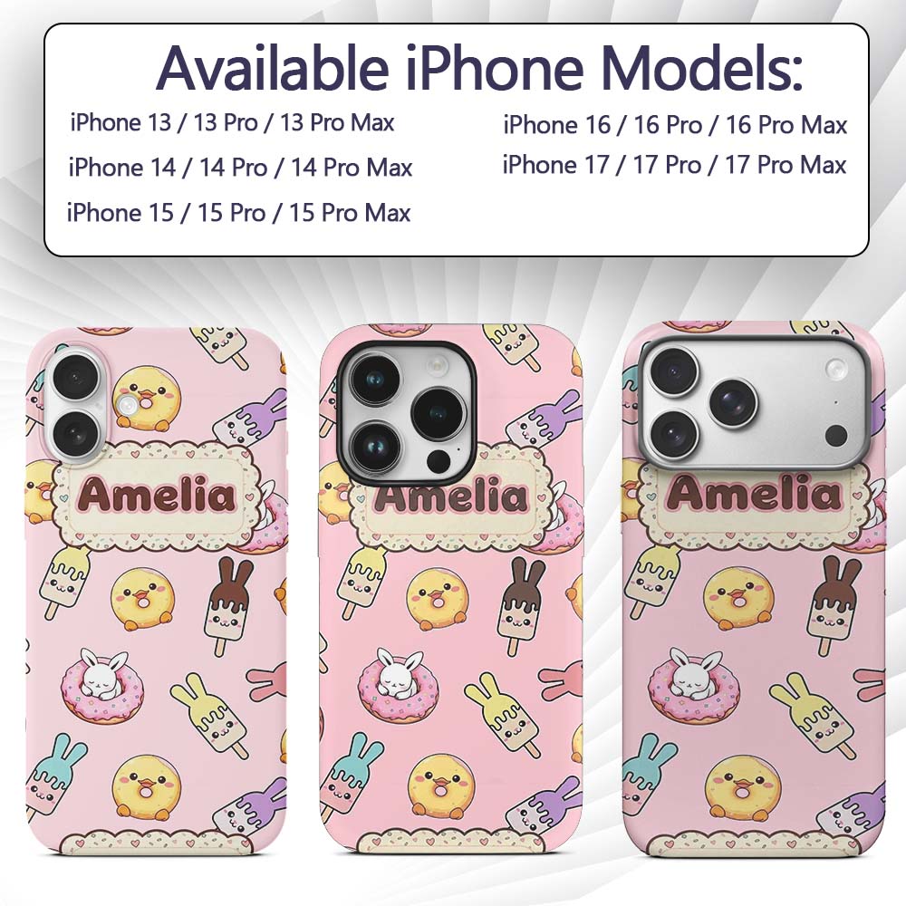 Cute Easter Bunny Ice Cream Donut Chick Kawaii Custom Name Protective Phone Case Mobile Cover Durable Everyday Smartphone Shock Resistant