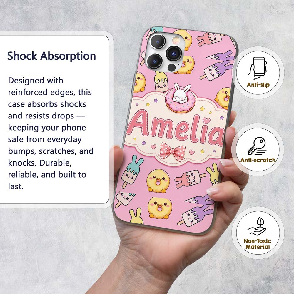 Cute Easter Bunny Ice Cream Donut Chick Kawaii Custom Name Protective Phone Case Mobile Cover Durable Everyday Smartphone Shock Resistant