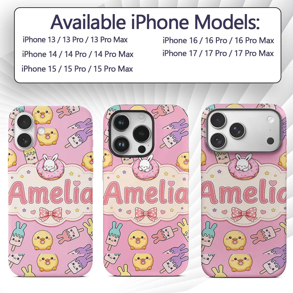 Cute Easter Bunny Ice Cream Donut Chick Kawaii Custom Name Protective Phone Case Mobile Cover Durable Everyday Smartphone Shock Resistant