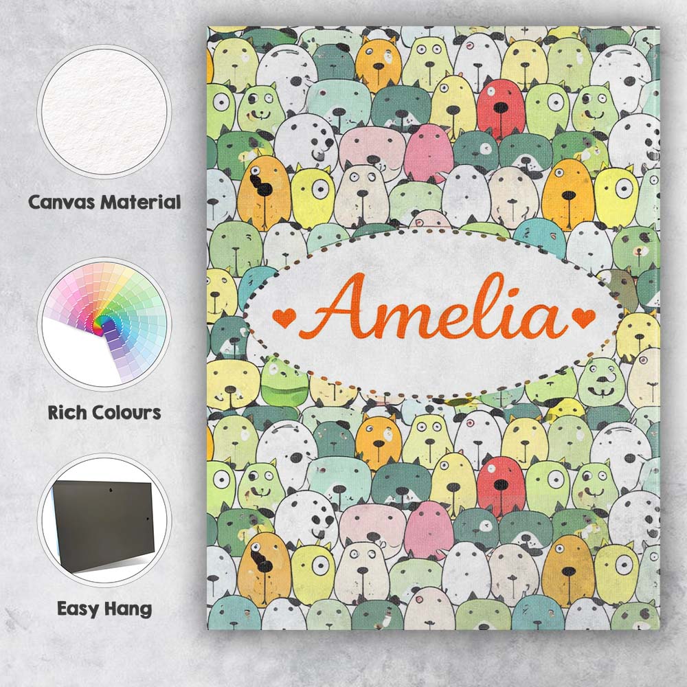 Personalised Name Cute Cartoon Dogs Crowd Multicolour Seamless Custom Modern Room Accent Canvas Wall Art Print Decor Picture Ready to Hang
