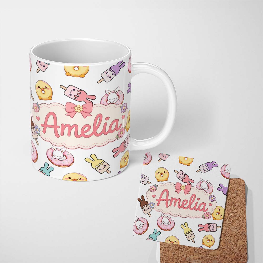 Personalized Custom Name Cute Easter Bunny Ice Cream Donut Chick Kawaii Light Grey 11oz Ceramic Coffee Tea Mug White Large Handle