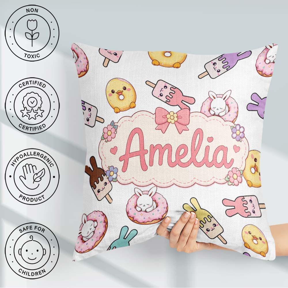 Custom Name Easter Bunny Ice Cream Donut Chick Kawaii Light Grey Square Filled Cushion Throw Pillow Sofa Bed Home Decor Zip Washable UK Made