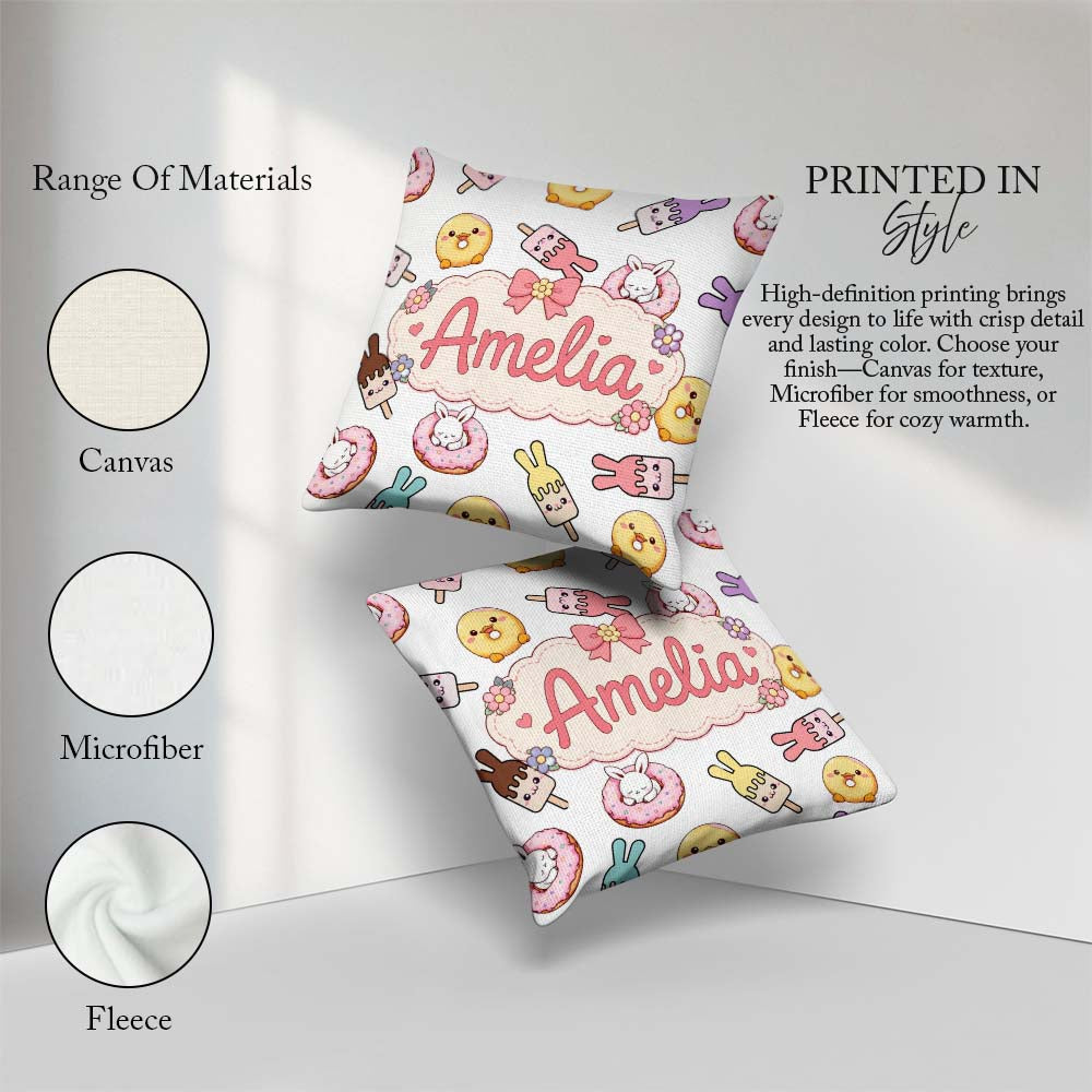 Custom Name Easter Bunny Ice Cream Donut Chick Kawaii Light Grey Square Filled Cushion Throw Pillow Sofa Bed Home Decor Zip Washable UK Made