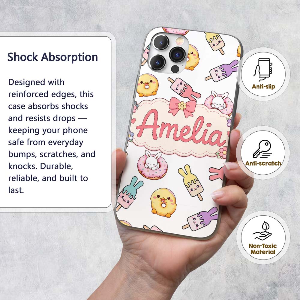 Cute Easter Bunny Ice Cream Donut Chick Kawaii Custom Name Protective Phone Case Mobile Cover Durable Everyday Smartphone Shock Resistant