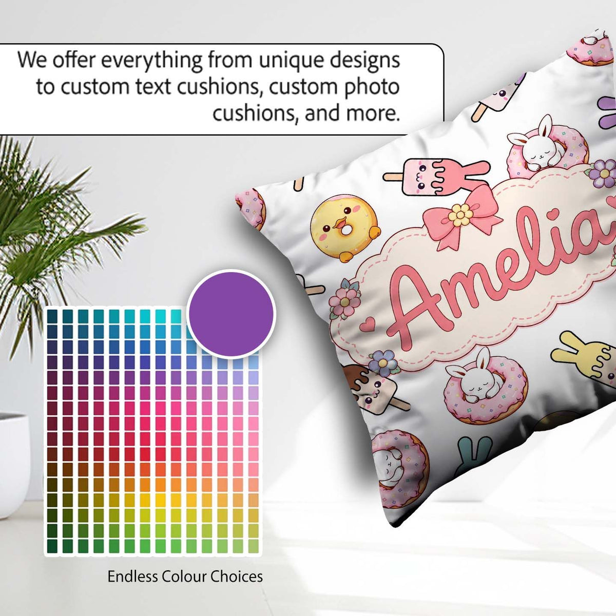 Custom Name Easter Bunny Ice Cream Donut Chick Kawaii Light Grey Square Filled Cushion Throw Pillow Sofa Bed Home Decor Zip Washable UK Made