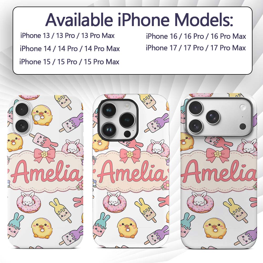 Cute Easter Bunny Ice Cream Donut Chick Kawaii Custom Name Protective Phone Case Mobile Cover Durable Everyday Smartphone Shock Resistant