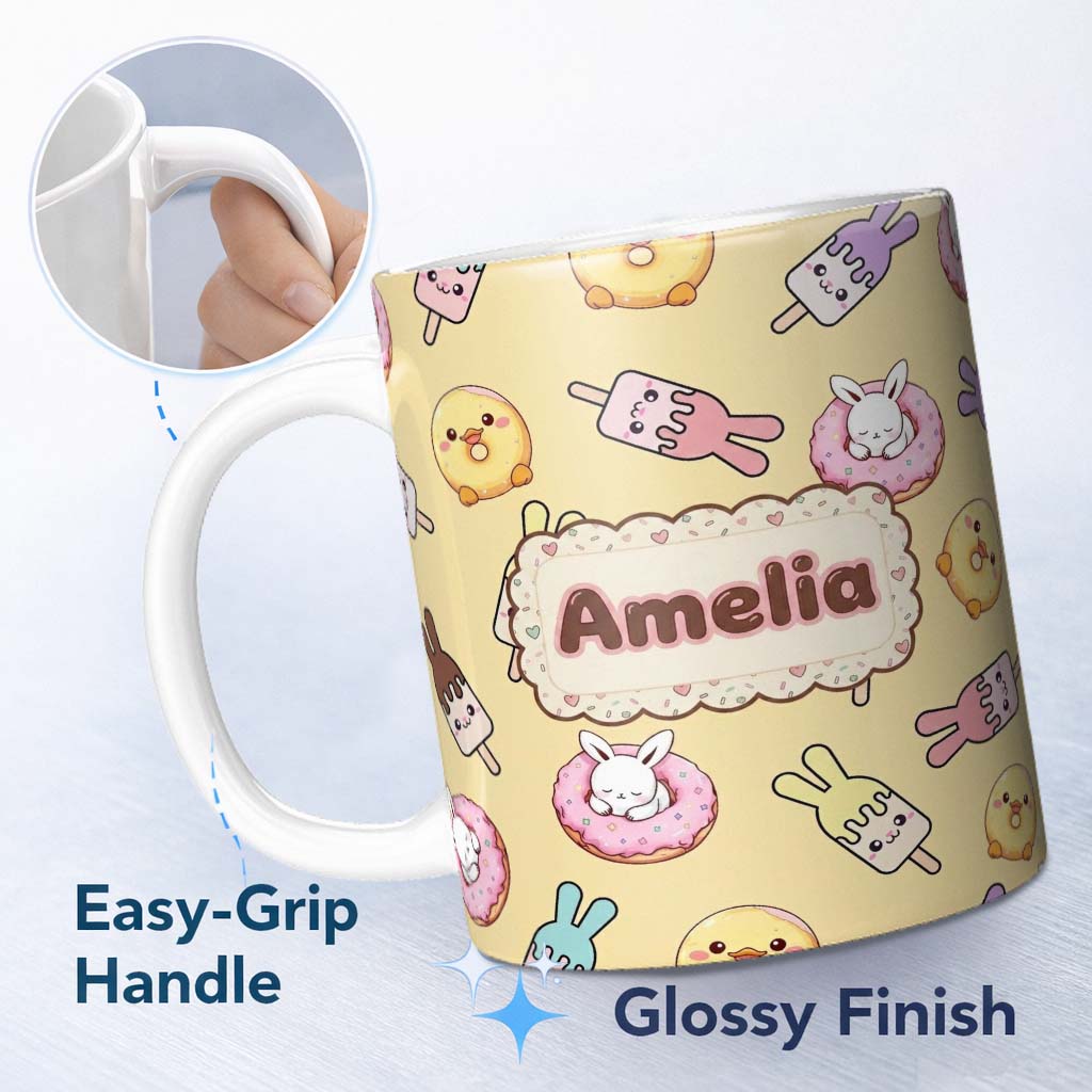 Personalized Custom Name Cute Easter Bunny Ice Cream Donut Chick Kawaii Yellow Background 11oz Ceramic Coffee Tea Mug White Large Handle