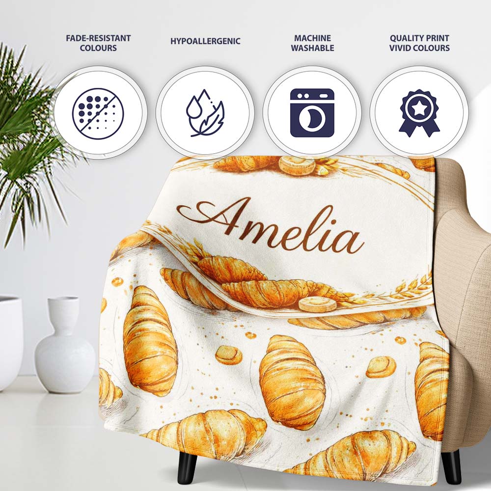 Artistic Sketch Croissant Seamless Pattern Ink Style Bakery Lovely Personalised Custom Name Super Soft Fleece Blanket Bed Sofa Throw