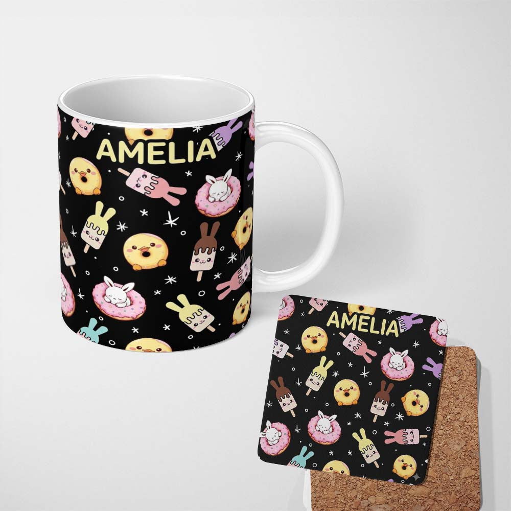 Personalized Custom Name Cute Easter Bunny Ice Cream Donut Chick Kawaii Black Starry 11oz Ceramic Coffee Tea Mug White Large Handle