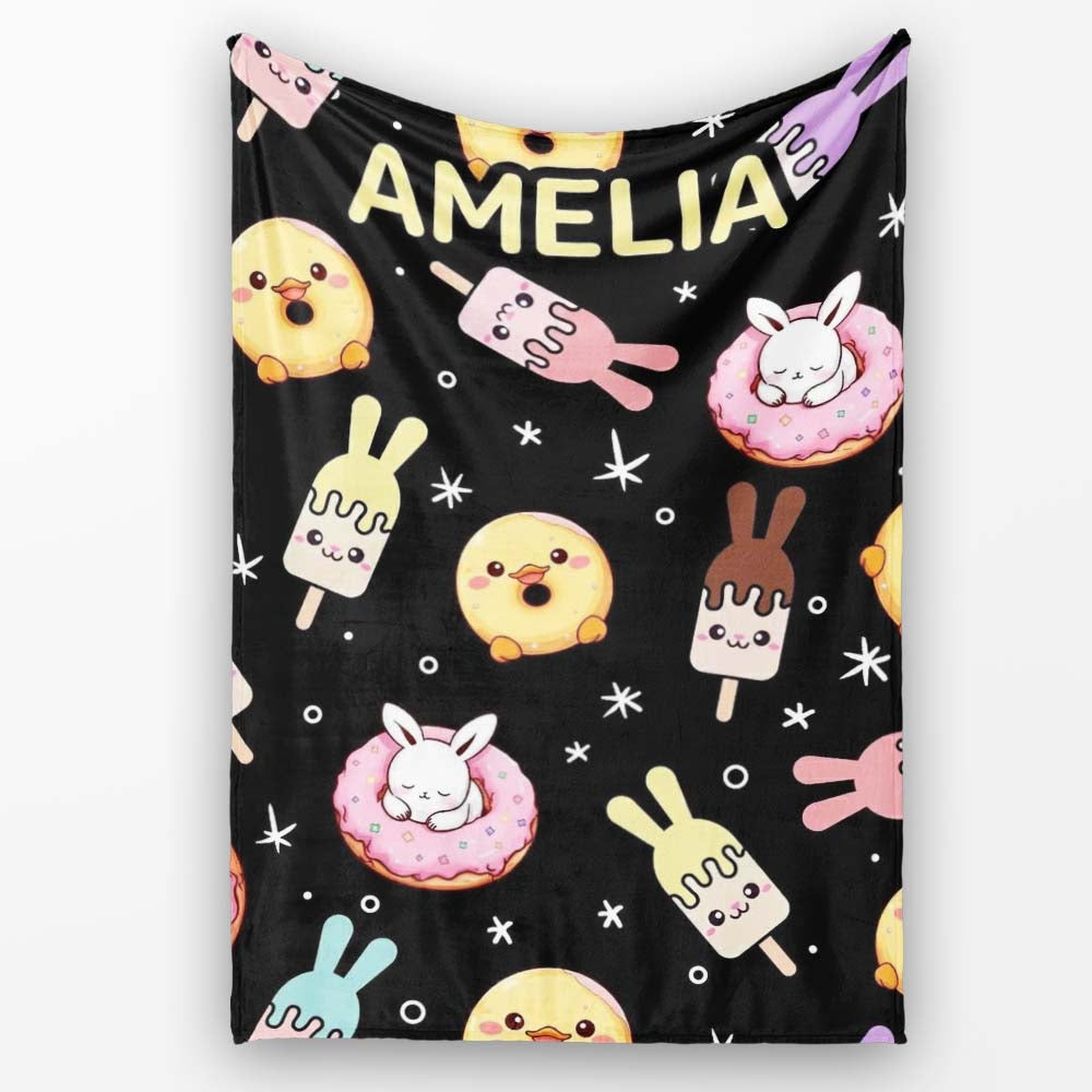 Cute Easter Bunny Ice Cream Donut Chick Kawaii Black Starry Personalised Custom Name Super Soft Fleece Blanket Bed Sofa Throw