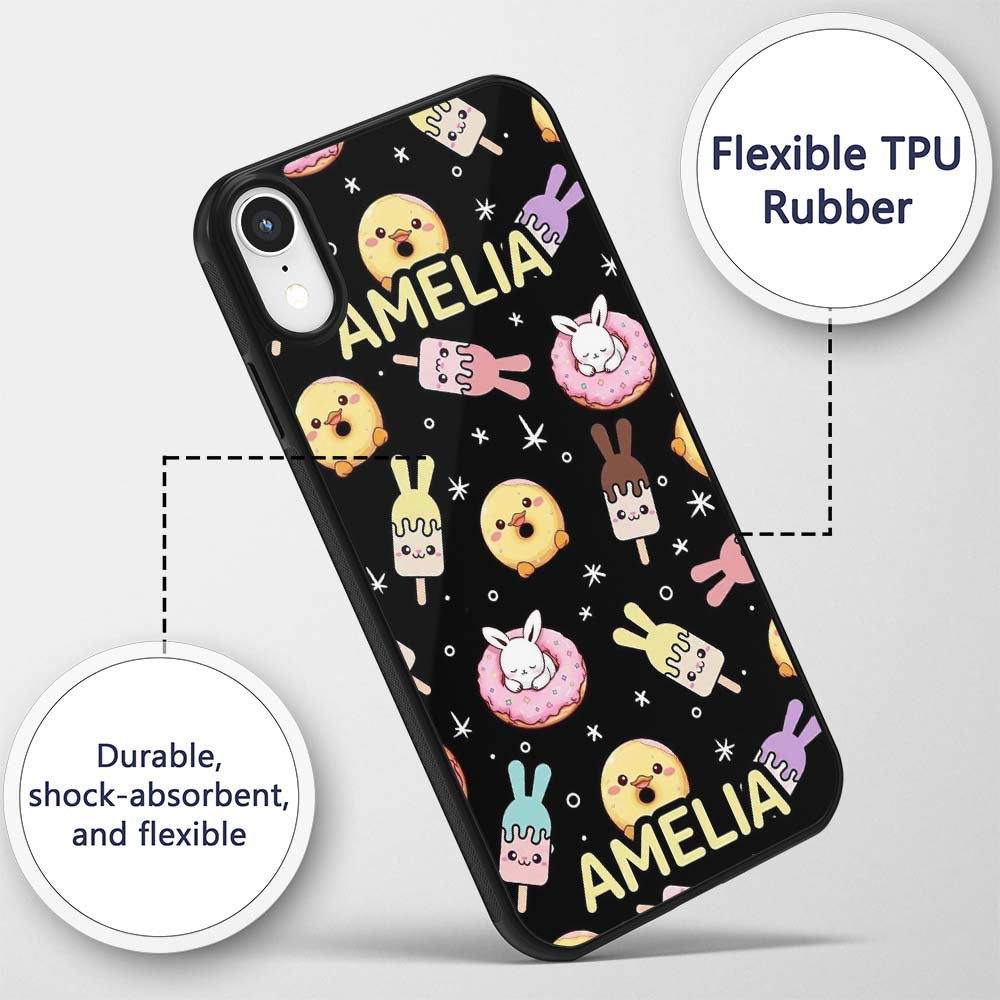 Cute Easter Bunny Ice Cream Donut Chick Kawaii Custom Name Protective Phone Case Mobile Cover Durable Everyday Smartphone Shock Resistant