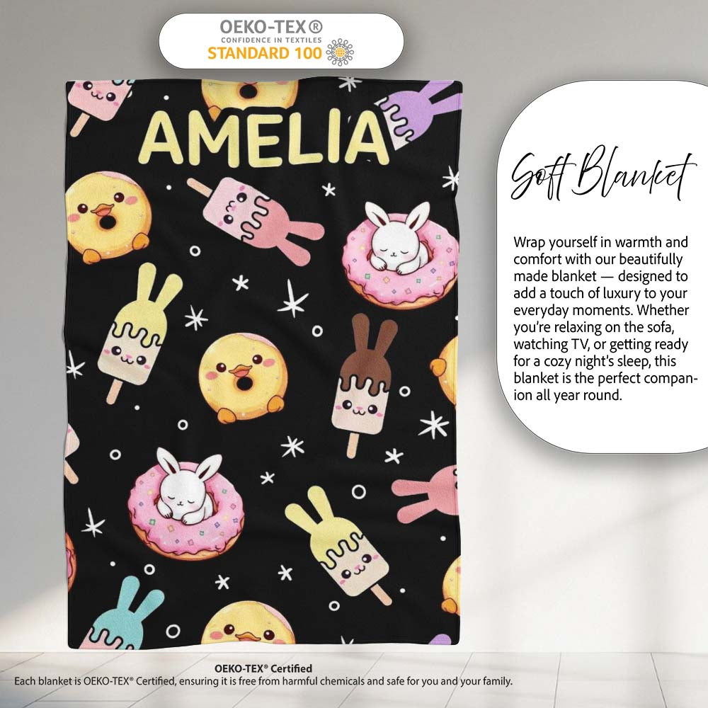 Cute Easter Bunny Ice Cream Donut Chick Kawaii Black Starry Personalised Custom Name Super Soft Fleece Blanket Bed Sofa Throw