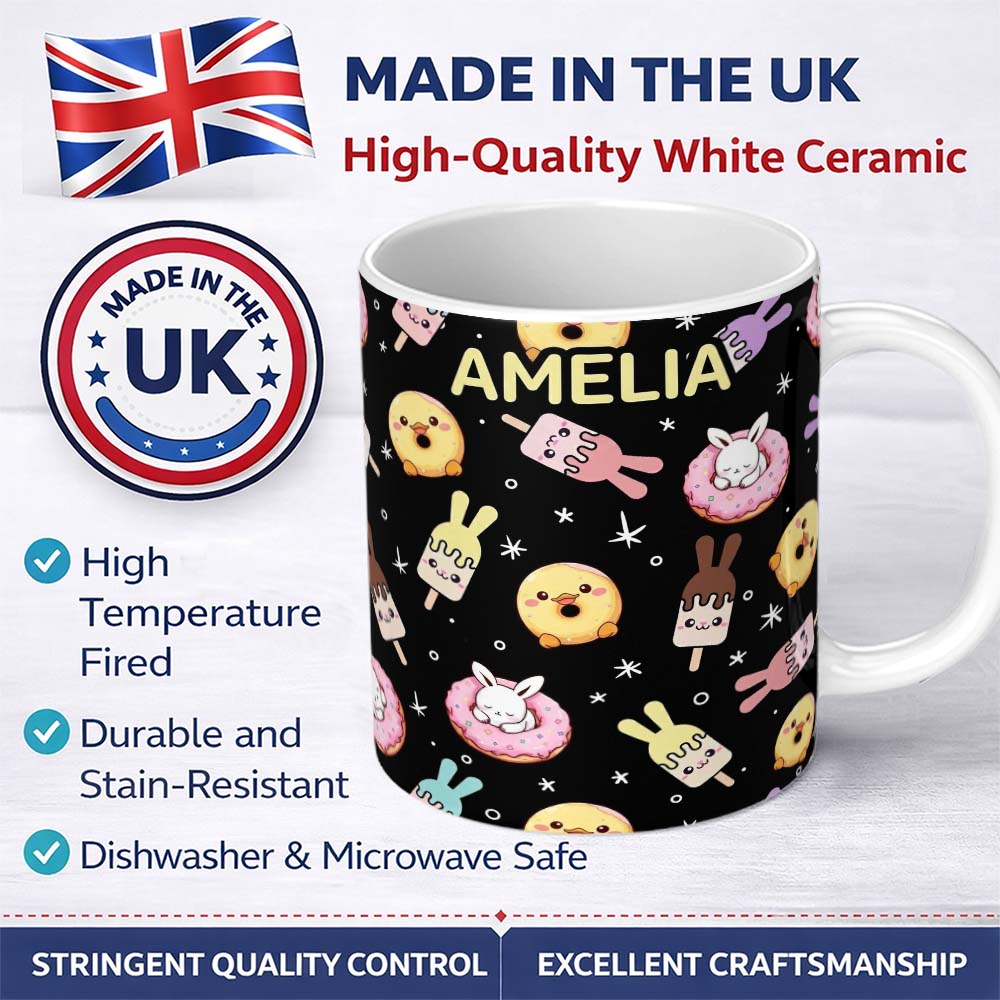 Personalized Custom Name Cute Easter Bunny Ice Cream Donut Chick Kawaii Black Starry 11oz Ceramic Coffee Tea Mug White Large Handle