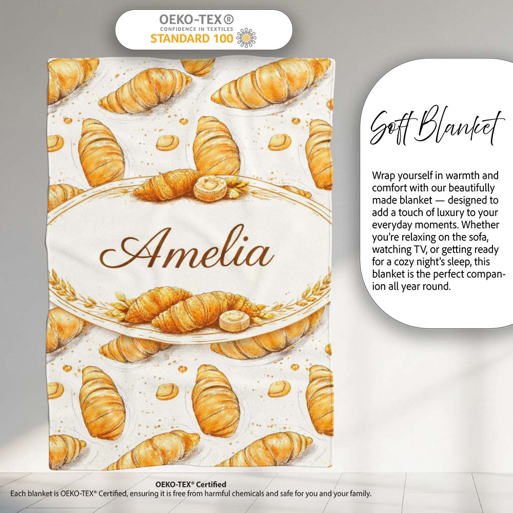 Artistic Sketch Croissant Seamless Pattern Ink Style Bakery Lovely Personalised Custom Name Super Soft Fleece Blanket Bed Sofa Throw