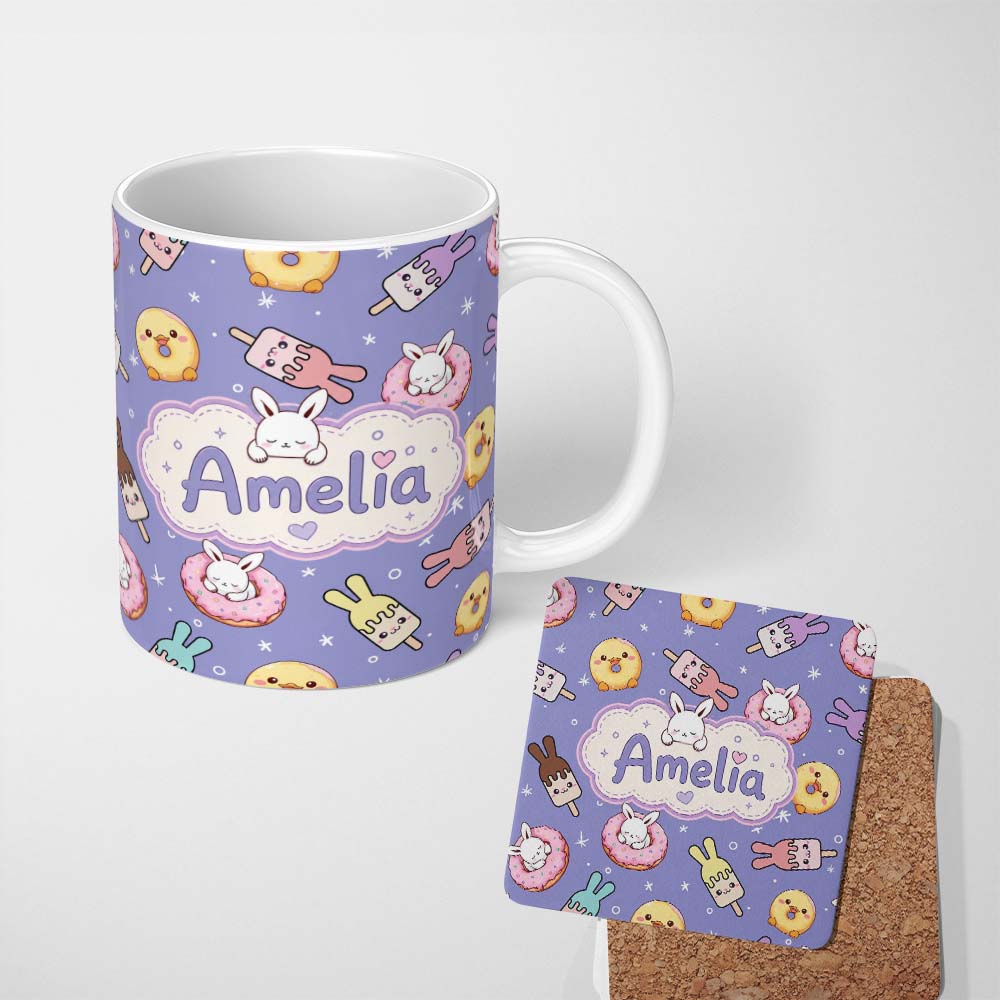 Personalized Custom Name Cute Easter Bunny Ice Cream Donut Chick Kawaii Purple Star 11oz Ceramic Coffee Tea Mug White Large Handle