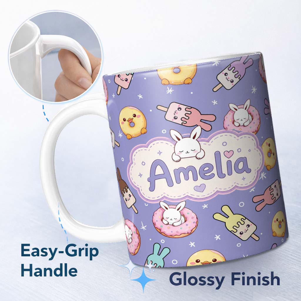 Personalized Custom Name Cute Easter Bunny Ice Cream Donut Chick Kawaii Purple Star 11oz Ceramic Coffee Tea Mug White Large Handle