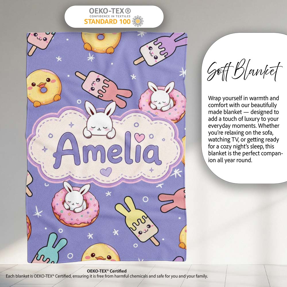 Cute Easter Bunny Ice Cream Donut Chick Kawaii Purple Star Personalised Custom Name Super Soft Fleece Blanket Bed Sofa Throw