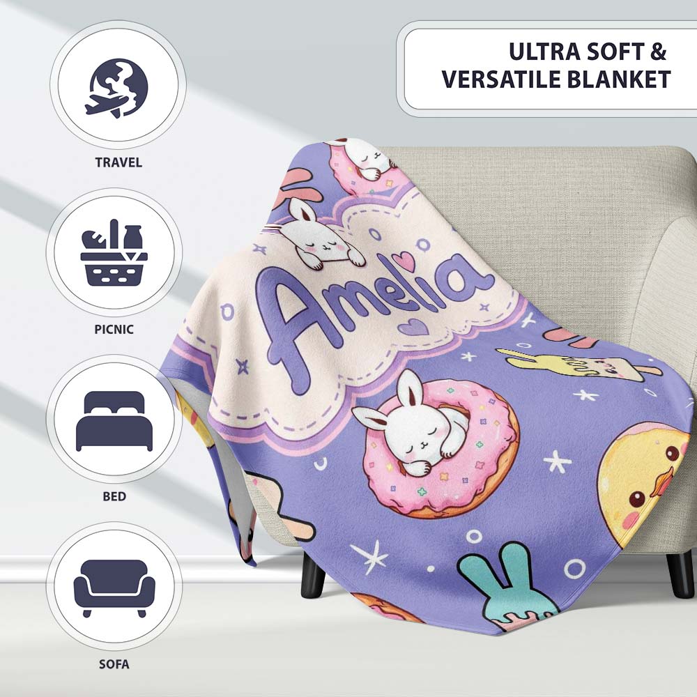 Cute Easter Bunny Ice Cream Donut Chick Kawaii Purple Star Personalised Custom Name Super Soft Fleece Blanket Bed Sofa Throw