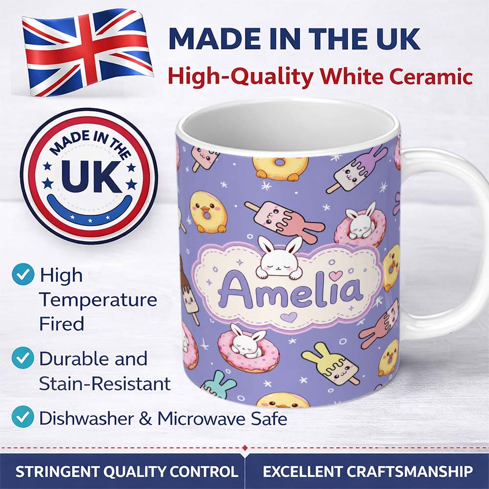 Personalized Custom Name Cute Easter Bunny Ice Cream Donut Chick Kawaii Purple Star 11oz Ceramic Coffee Tea Mug White Large Handle