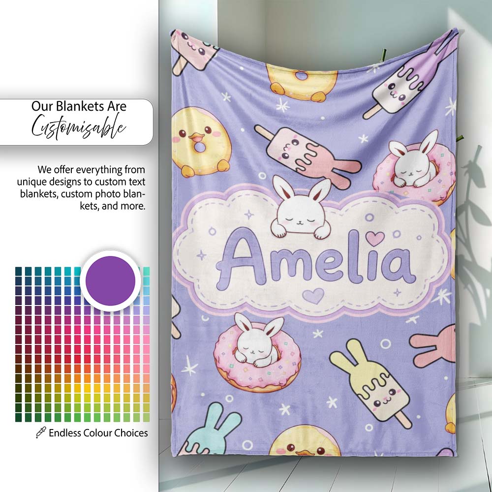 Cute Easter Bunny Ice Cream Donut Chick Kawaii Purple Star Personalised Custom Name Super Soft Fleece Blanket Bed Sofa Throw