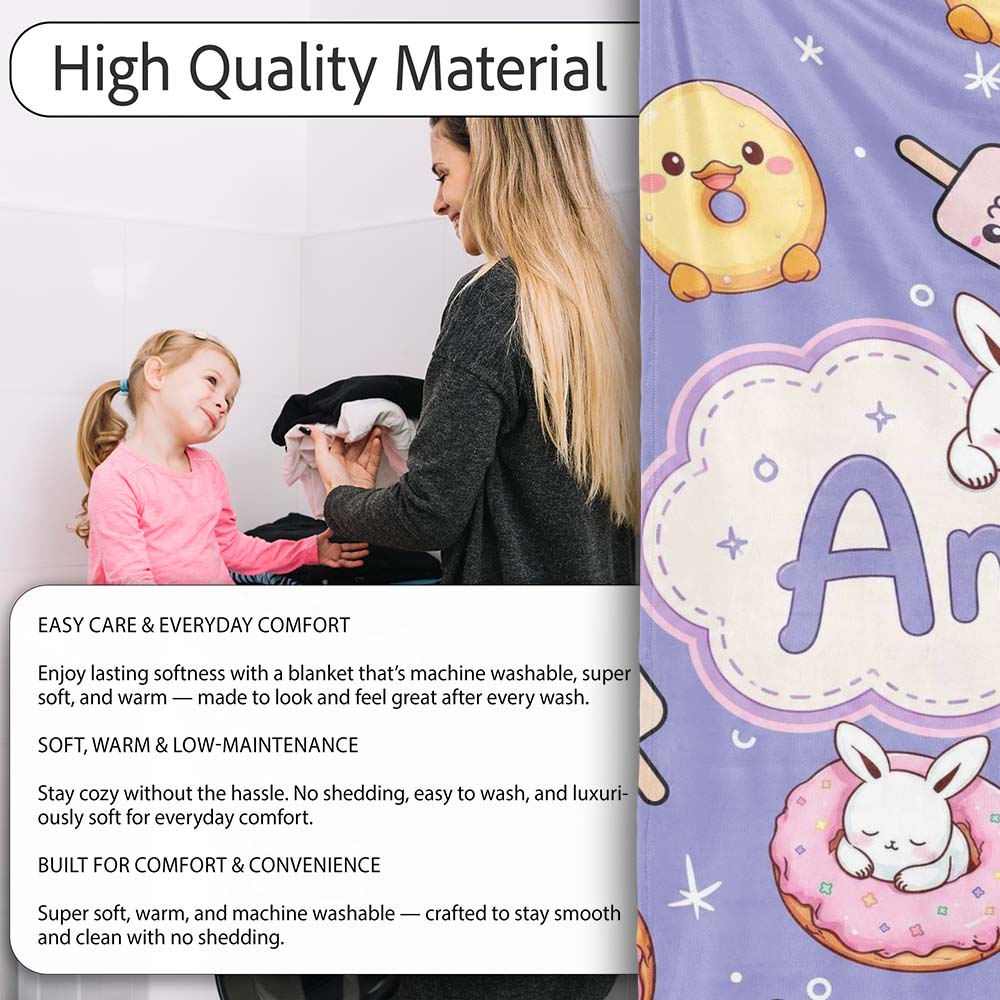 Cute Easter Bunny Ice Cream Donut Chick Kawaii Purple Star Personalised Custom Name Super Soft Fleece Blanket Bed Sofa Throw