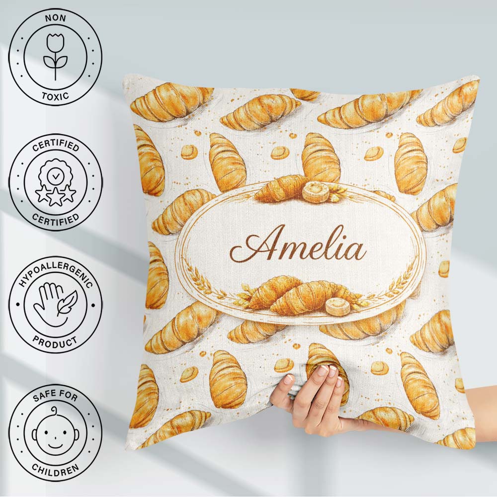 Custom Name Artistic Sketch Croissant Seamless Pattern Ink Style Square Filled Cushion Throw Pillow Sofa Bed Home Decor Zip Washable UK Made