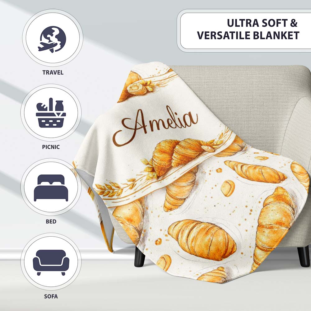 Artistic Sketch Croissant Seamless Pattern Ink Style Bakery Lovely Personalised Custom Name Super Soft Fleece Blanket Bed Sofa Throw