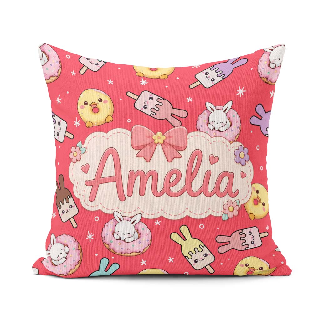 Custom Name Easter Bunny Ice Cream Donut Chick Kawaii Red Star Square Filled Cushion Throw Pillow Sofa Bed Home Decor Zip Washable UK Made