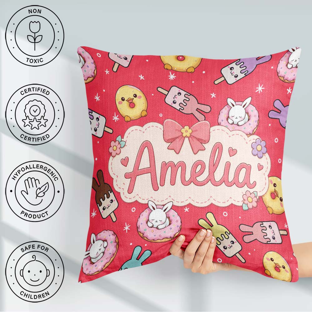 Custom Name Easter Bunny Ice Cream Donut Chick Kawaii Red Star Square Filled Cushion Throw Pillow Sofa Bed Home Decor Zip Washable UK Made