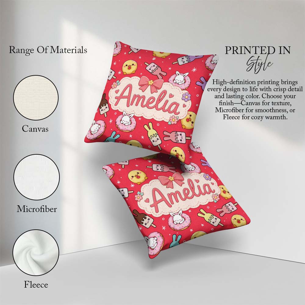 Custom Name Easter Bunny Ice Cream Donut Chick Kawaii Red Star Square Filled Cushion Throw Pillow Sofa Bed Home Decor Zip Washable UK Made