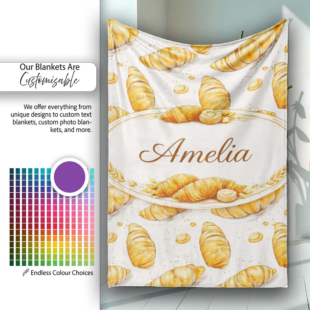 Artistic Sketch Croissant Seamless Pattern Ink Style Bakery Lovely Personalised Custom Name Super Soft Fleece Blanket Bed Sofa Throw