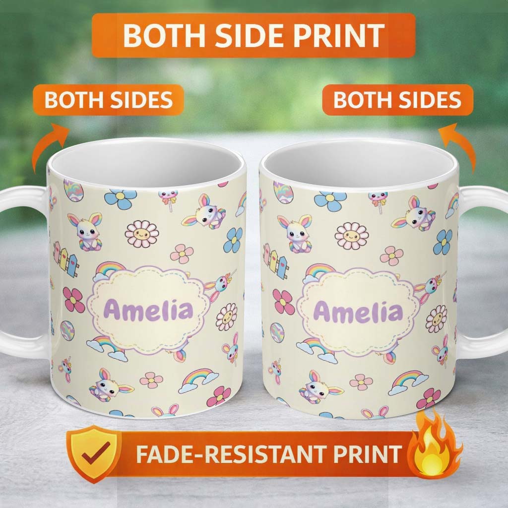 Personalized Custom Name Cute Rainbow Bunny Flower Egg Pastel Kawaii Cream Background 11oz Ceramic Coffee Tea Mug White Large Handle