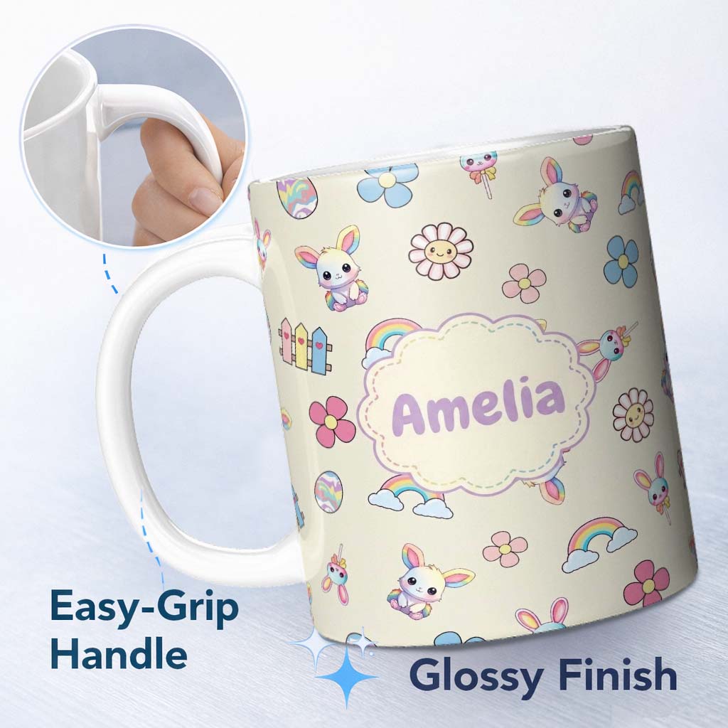 Personalized Custom Name Cute Rainbow Bunny Flower Egg Pastel Kawaii Cream Background 11oz Ceramic Coffee Tea Mug White Large Handle