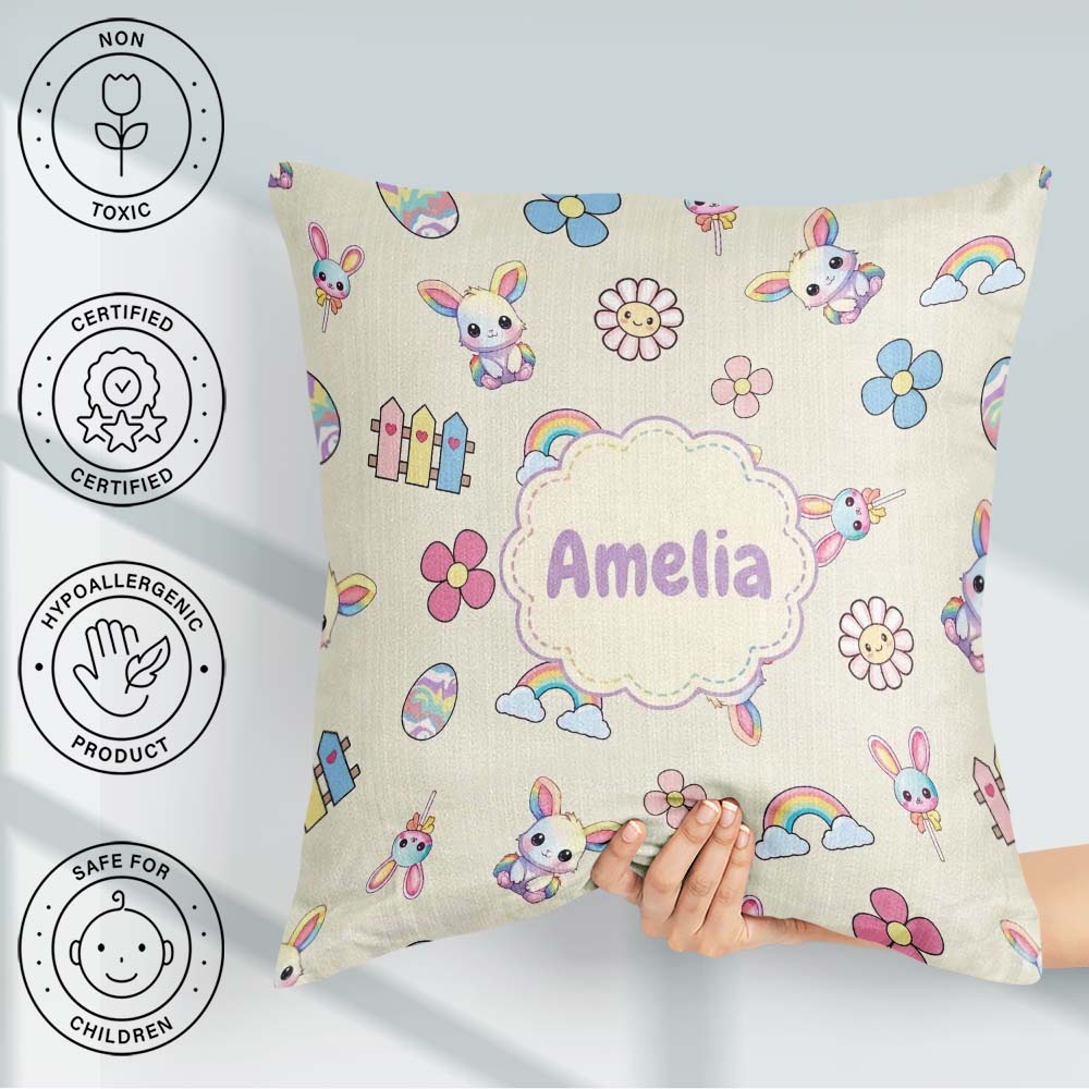 Custom Name Cute Bunny Flower Egg Pastel Kawaii Cream Background Square Filled Cushion Throw Pillow Sofa Bed Home Decor Zip Washable UK Made
