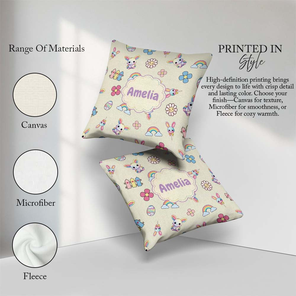 Custom Name Cute Bunny Flower Egg Pastel Kawaii Cream Background Square Filled Cushion Throw Pillow Sofa Bed Home Decor Zip Washable UK Made