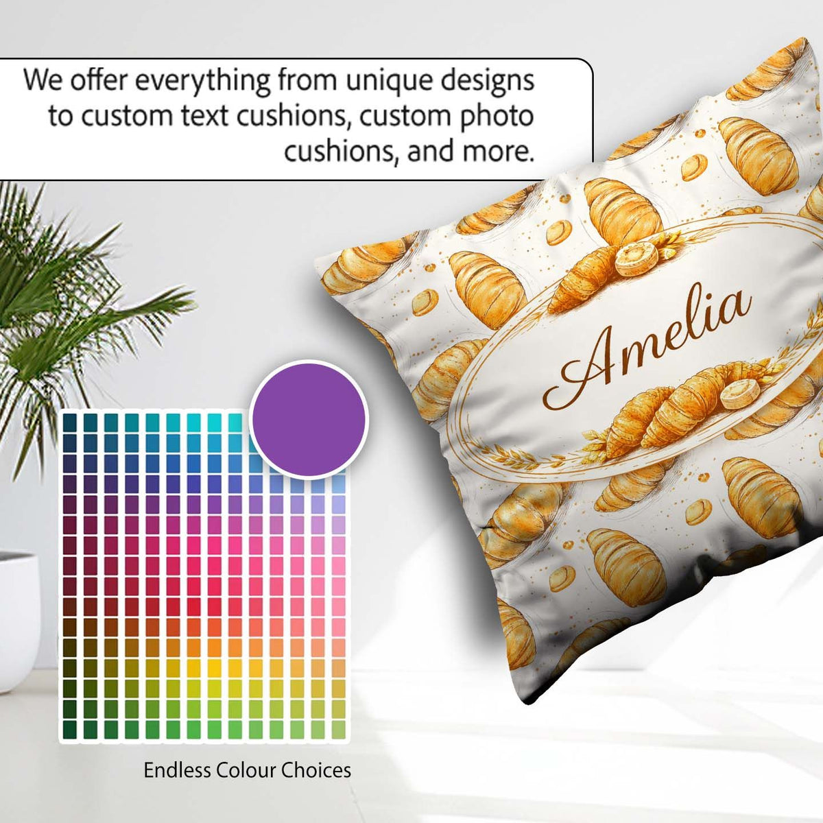Custom Name Artistic Sketch Croissant Seamless Pattern Ink Style Square Filled Cushion Throw Pillow Sofa Bed Home Decor Zip Washable UK Made
