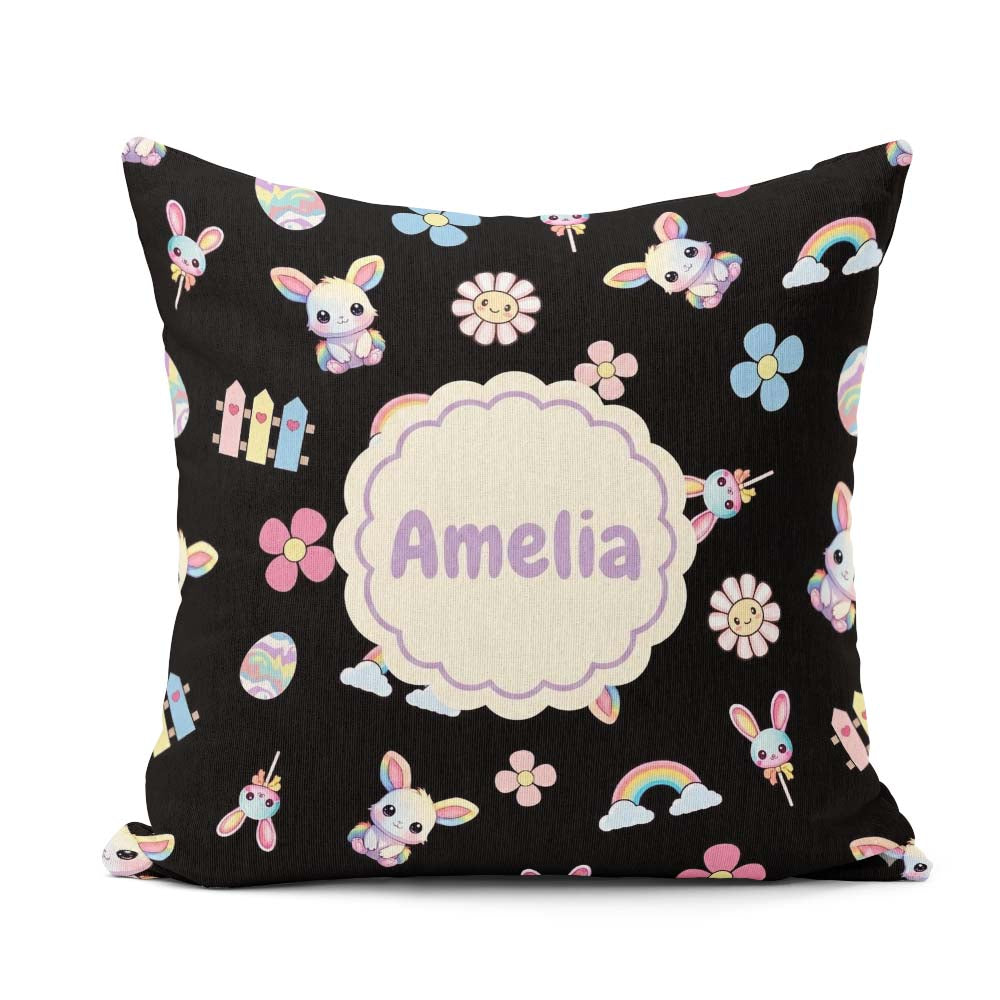 Custom Name Cute Bunny Flower Egg Pastel Kawaii Black Background Square Filled Cushion Throw Pillow Sofa Bed Home Decor Zip Washable UK Made