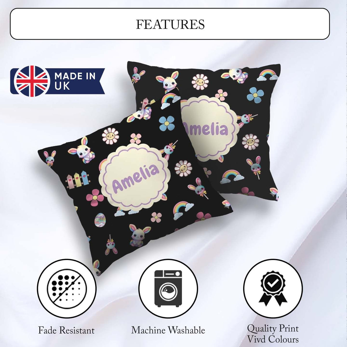 Custom Name Cute Bunny Flower Egg Pastel Kawaii Black Background Square Filled Cushion Throw Pillow Sofa Bed Home Decor Zip Washable UK Made