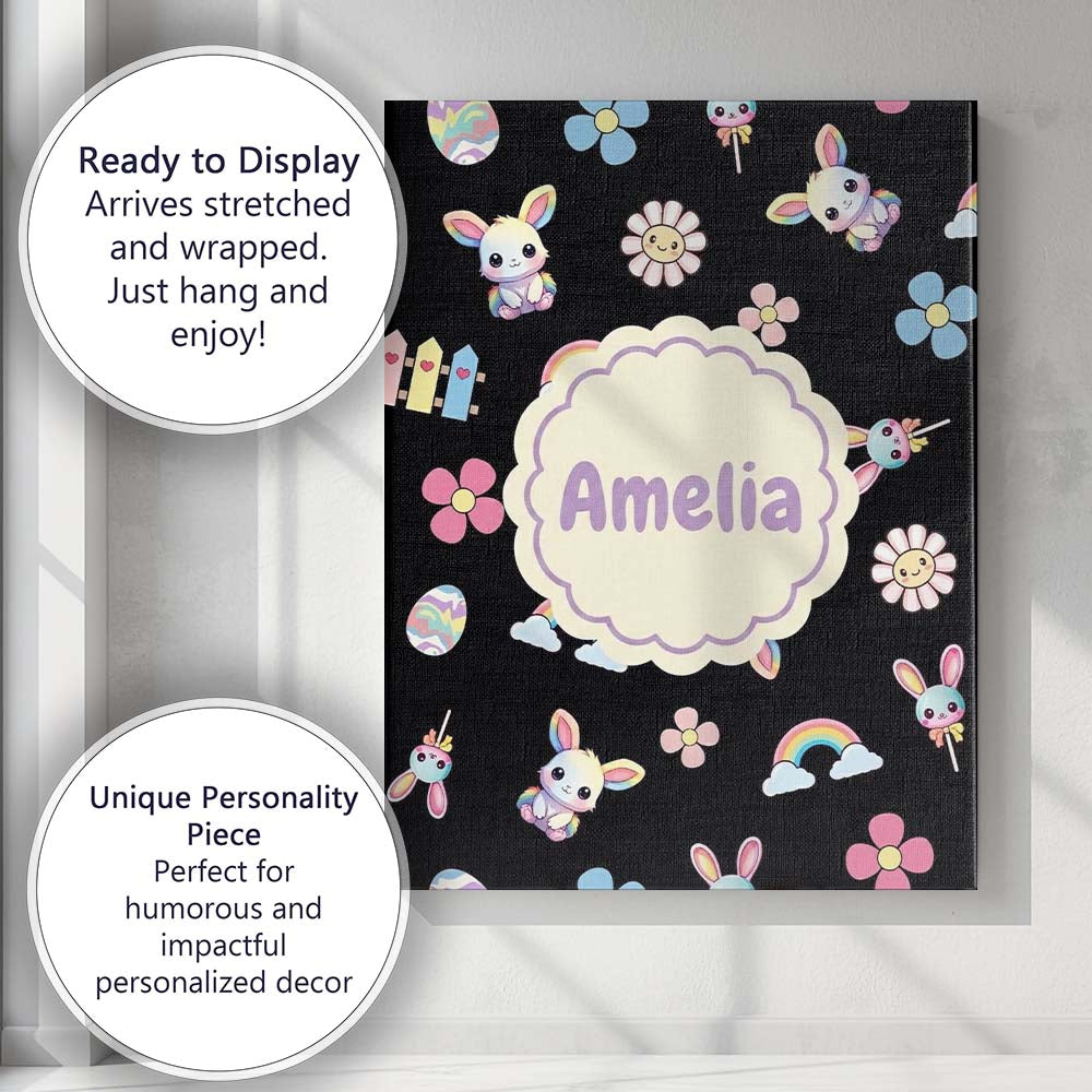 Personalised Name Cute Rainbow Bunny Flower Custom Bespoke Interior Contemporary Canvas Wall Art Print Decor Picture Ready to Hang