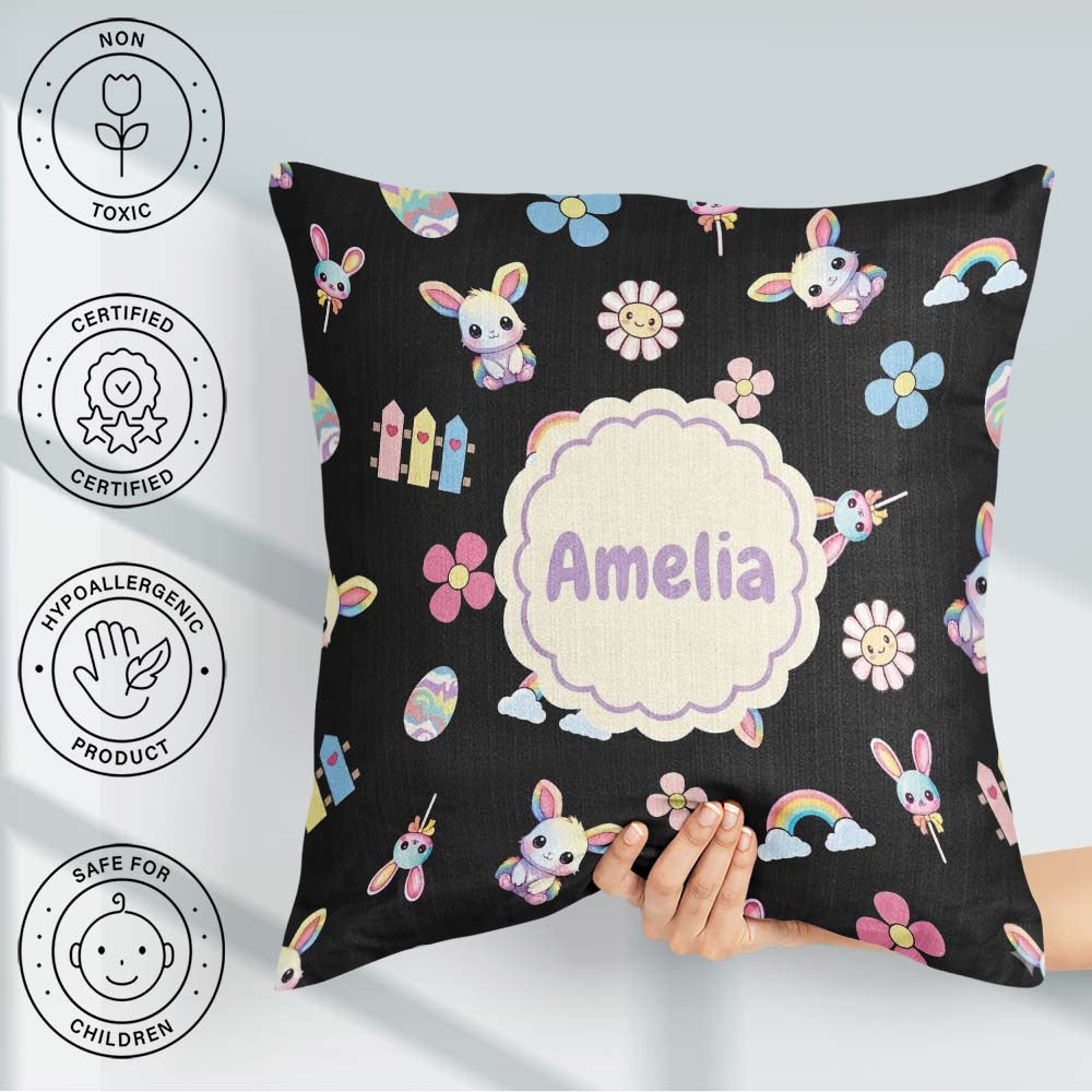 Custom Name Cute Bunny Flower Egg Pastel Kawaii Black Background Square Filled Cushion Throw Pillow Sofa Bed Home Decor Zip Washable UK Made