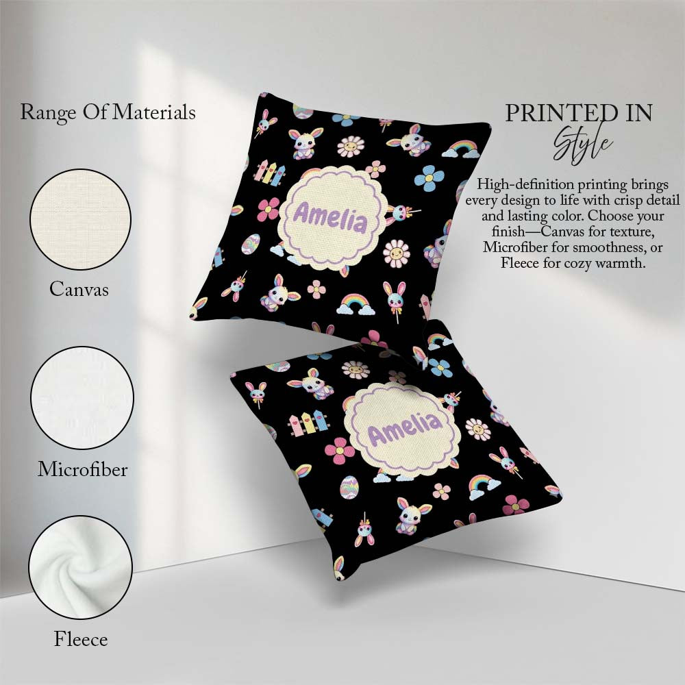 Custom Name Cute Bunny Flower Egg Pastel Kawaii Black Background Square Filled Cushion Throw Pillow Sofa Bed Home Decor Zip Washable UK Made