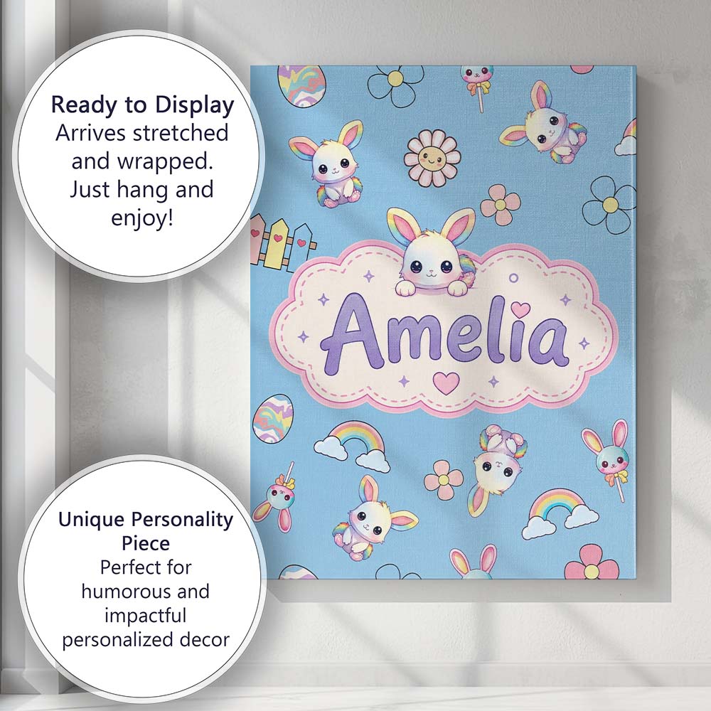 Personalised Name Cute Rainbow Bunny Flower Custom Bespoke Interior Contemporary Canvas Wall Art Print Decor Picture Ready to Hang