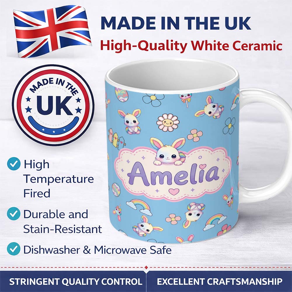 Personalized Custom Name Cute Rainbow Bunny Flower Egg Pastel Kawaii Blue Background 11oz Ceramic Coffee Tea Mug White Large Handle