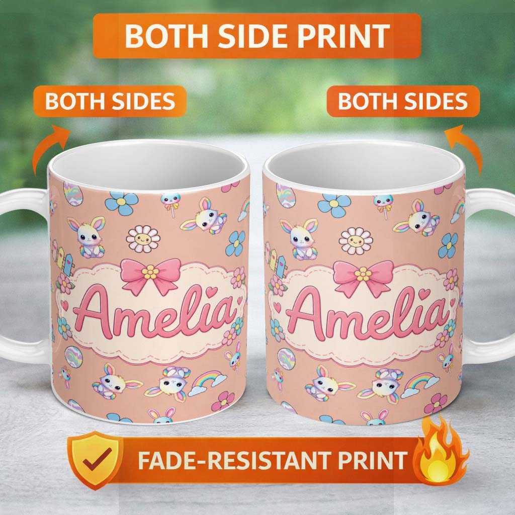 Personalized Custom Name Cute Rainbow Bunny Flower Egg Pastel Kawaii Peach Background 11oz Ceramic Coffee Tea Mug White Large Handle