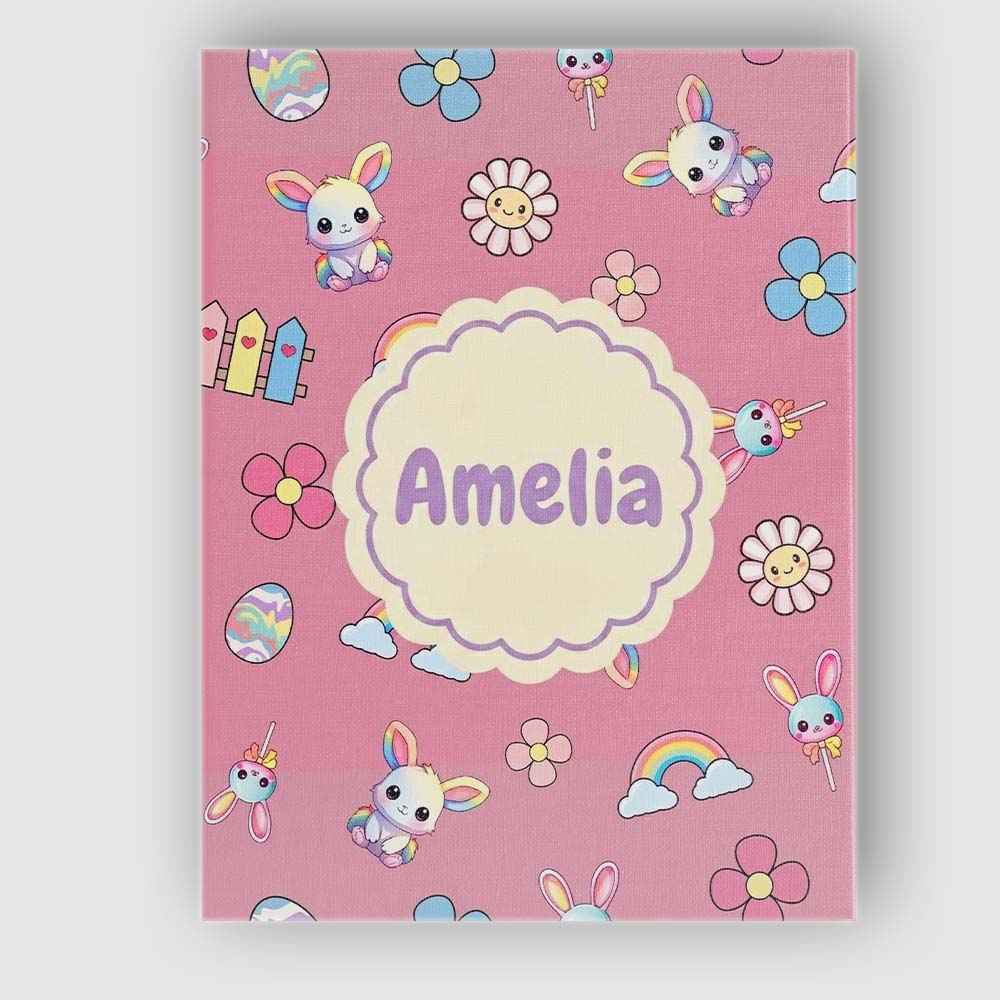 Personalised Name Cute Rainbow Bunny Flower Custom Bespoke Interior Contemporary Canvas Wall Art Print Decor Picture Ready to Hang