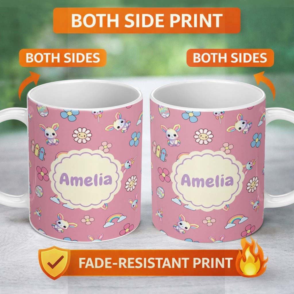 Personalized Custom Name Cute Rainbow Bunny Flower Egg Pastel Kawaii Pink Background 11oz Ceramic Coffee Tea Mug White Large Handle
