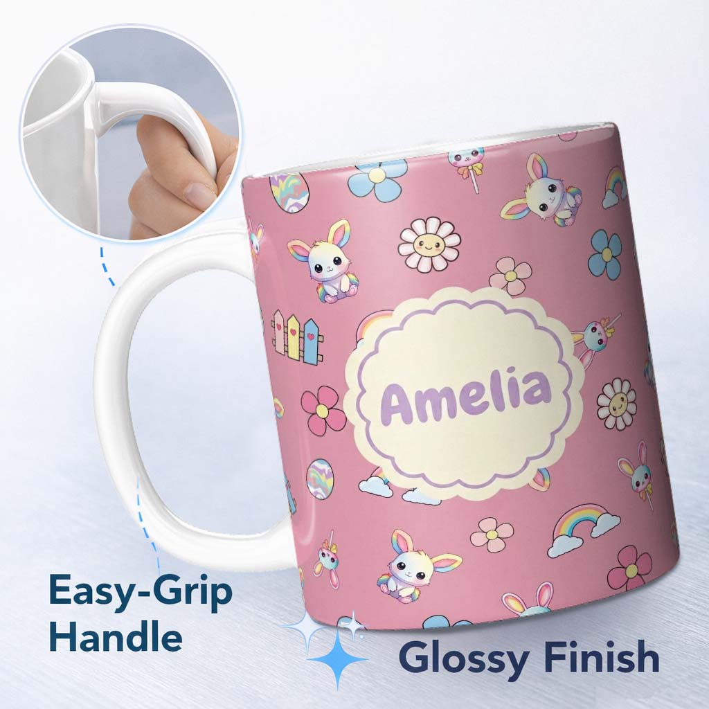 Personalized Custom Name Cute Rainbow Bunny Flower Egg Pastel Kawaii Pink Background 11oz Ceramic Coffee Tea Mug White Large Handle